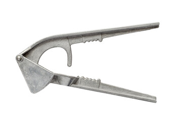 Metal garlic press isolated on white background. Aluminum garlic press side view.
