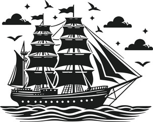 Pirate Ship Sailboats In Ocean Storm Waves With A Flag Vector Illustration On Isolated White Background
