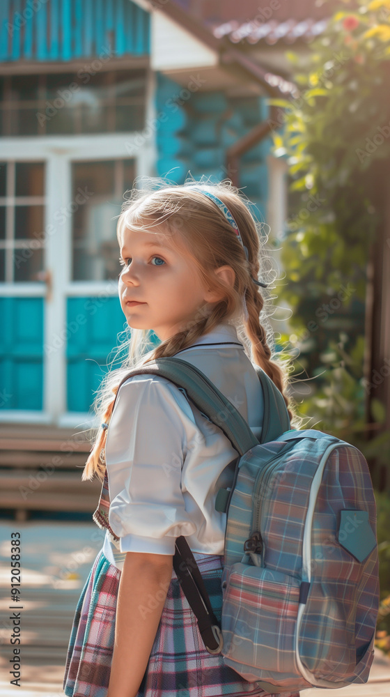 Wall mural arafed girl with a backpack standing in front of a blue house