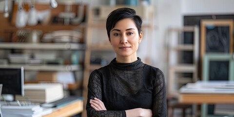 a hip level shot of a 29 year old woman, short black hair in a cool design studio background 