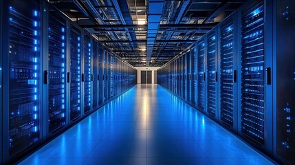 A Long Row of Blue-Lit Server Racks in a Modern Data Center