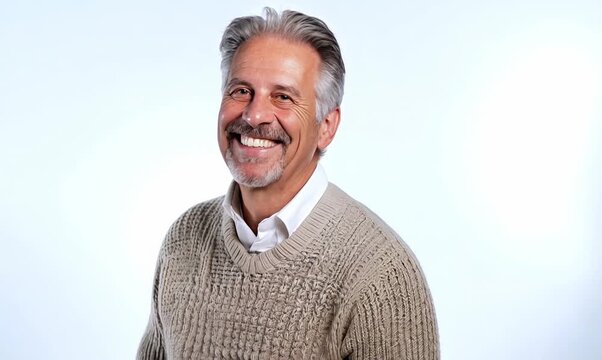 Environmental portrait video of a grinning man in his 40s wearing a cozy sweater against a white background