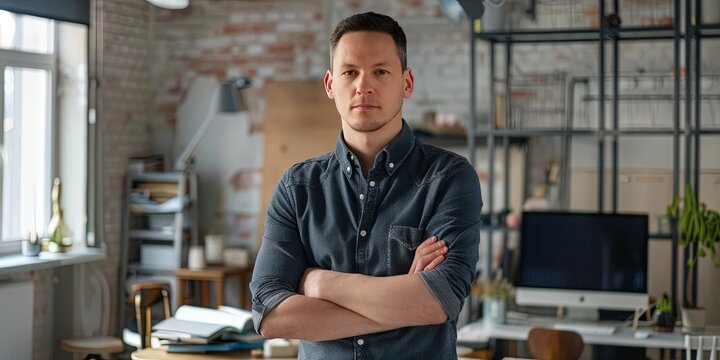 a hip level shot of a 29 year old caucasic man, short black hair in a cool design studio background 