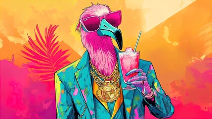 Trendy Flamingo Poster: Vibrant Pink Feathers, Stylish Sunglasses & Colorful Suit – Perfect for Sporty Interiors and Playful Spaces!