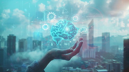 technology concept with hand holding digital brain made of gears and network connections on city background. 