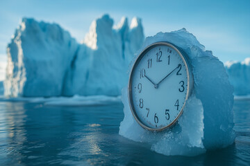 Clock frozen in ice, reflecting climate change
