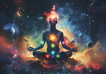 Naklejka premium Meditation figure surrounded by floating planets and cosmic energy, set against an abstract background of stars and galaxies. The person is in the center with vibrant colors representing chakras