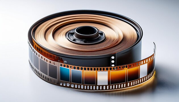 Realistic 3D Render Icon of a Classic Film Roll with Visible Film Strip and Detailed Textures on White Background