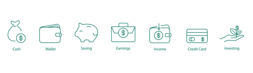 Cash, Wallet, Savings, Earnings, Income, Credit Card, and Investing Vector Icon Set