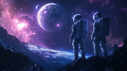 Obraz premium Two Astronauts on a Mountain Ridge in Space, Contemplating a Distant Planet