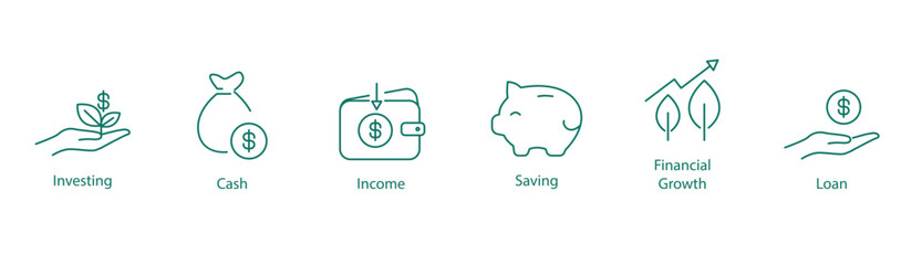 Investing, Cash, Earnings, Income, Saving, Financial Growth, and Loan Vector Icon Set