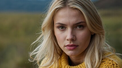 Fototapeta premium Pretty blonde female in yellow sweater