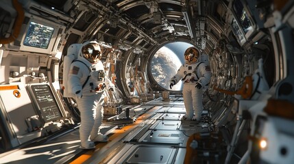 Two Astronauts in a Spacecraft Corridor with Earth View