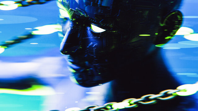 Futuristic Digital Human with Glowing Eyes and Chains