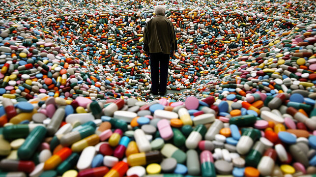 Elder man standing on pile of many multi-colored pills. Elder healthcare and medicine dependence concept.