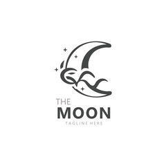 Moon elegant crescent and star logo design line in simple style outline background template