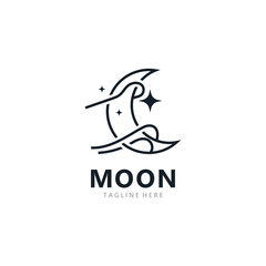 Moon elegant crescent and star logo design line in simple style outline background template