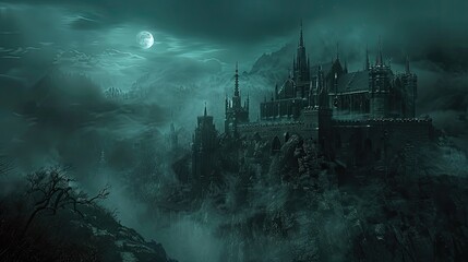 Fototapeta premium Gothic castle illuminated by moonlight on a misty night