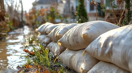 Obraz premium Sandbags protecting a garden from encroaching floodwater, sandbag, residential flood defense