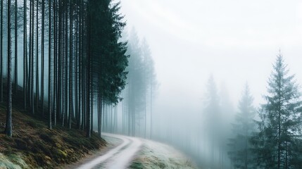 Obraz premium Foggy forest with tall trees, mysterious atmosphere, soft light, no visible path