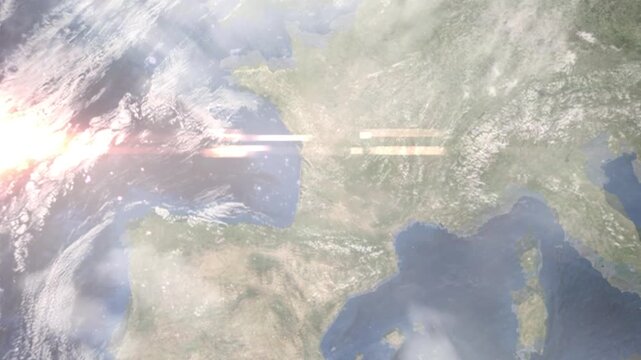 Earth zoom in from space and focus on Libourne, France. Background for travel intro or blog. Satellite view. 3D style Animation. Images from NASA.