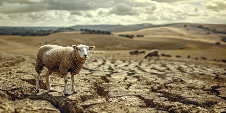 Sheep exposed on dry drought stricken farmland atop a hill with overgrazed barren soil in the foreground