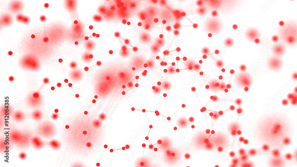 Poster abstract plexus technology background with glowing red connecting lines and dots or nodes on white b