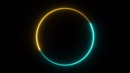 Glowing green and yellow neon light line loop circle. Neon light ring frame
