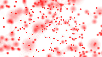 Abstract plexus technology background with glowing red connecting lines and dots or nodes on white background. Digital data network connectivity concept.