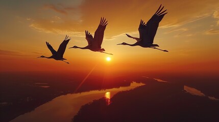 Birds in flight against the setting sun, picturesque and peaceful scene