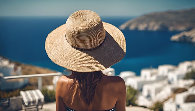 woman with long hair and wide brim straw hat on sunny holiday at mediterranean coast gazing out towards the sea