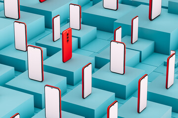 Red mobile phone on blue cubes