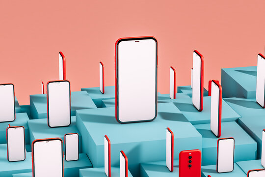 Red smartphones on blue cubes