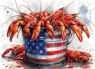 A vibrant bucket filled with lively crawfish against an American flag backdrop, showcasing a festive seafood theme.