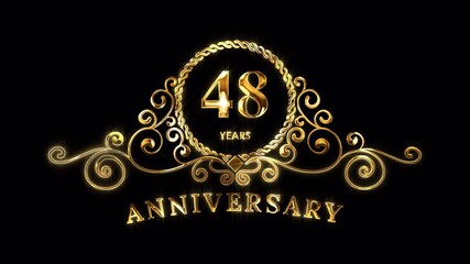 48th Anniversary Celebration. Happy 48 Years Anniversary Animation in Gold Color on the Transparent Background, Alpha Channel. Great for greetings, celebrations, events, and gifts.