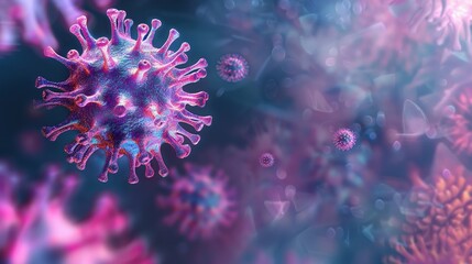 A vibrant illustration of virus particles in a colorful microscopic view, showcasing intricate details and cellular structure.