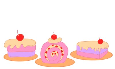 Illustration Kids drawing style funny cute pink cake with cherry and cream in a cartoon style.