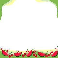 Summer Square Frame with Watermelon Slices and cherry. Cute Colorful Fruit Background. Empty Space for Text