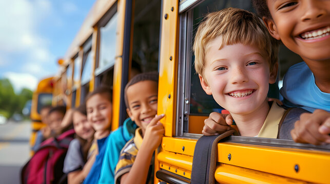 A group of cheerful children boarding a yellow school bus, ready for an educational field trip.