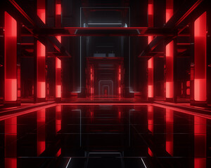 A lively digital illustration of a glowing red neon pattern with a disco vibe and technological design elements in a dark textured background.