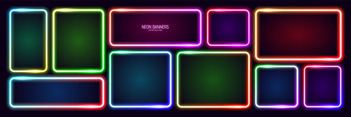 Colorful glowing neon banners, illuminated square frames. Shiny vibrant border, glow effect. Purple vintage retro lights, night illumination. Modern futuristic UI design elements. Vector illustration