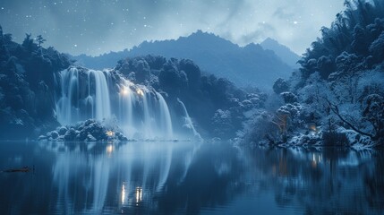 Mystical Waterfall and Snow-Covered Landscape under a Starry Night