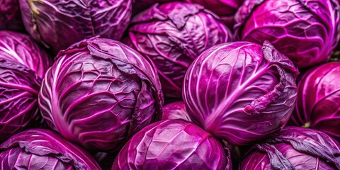 Fresh red cabbage heads piled together, showing vibrant purple color and interesting texture,...