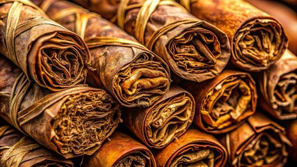 Dried tobacco leaves bundled tightly for cigar rolling, showcasing intricate veins and textures, tobacco, leaves, dried