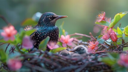 A Mother Starling and Her Nestlings in a Blooming Bush
