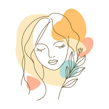 recommend clip art: Beautiful Girl with Nature Botanical Foliage Fresh Plant for Natural Beauty Care in Line Art Style