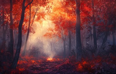 Autumn's Last Embers: A High-Definition Hand-Drawn Image of the Cozy Sunset Glow in an Autumn Landscape, Capturing the Temptation of the Season with Fiery Leaves and the Comfort of Evening