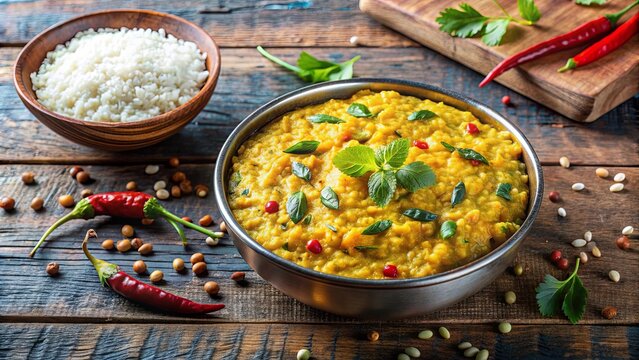 Traditional Indian Urad dal khichdi dish with lentils and rice , Indian, cuisine, meal, food, vegetarian, comfort, healthy