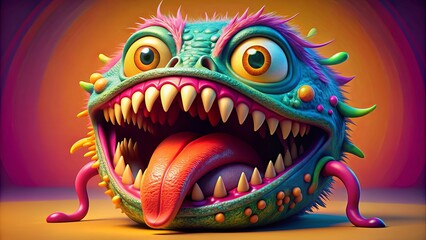 Vibrantly colored monster with sharp teeth and long tongue, exuding both dismay and endearment, monster, rotund