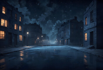 A deserted urban street at night, under a dark blue sky with twinkling stars, wet asphalt dark background